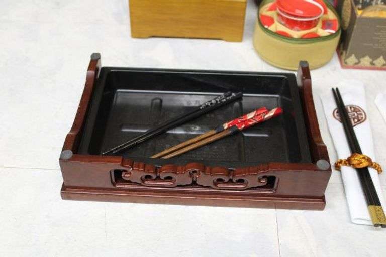 Chinese Tableware and Decor Items, Including Fans, Chopsticks, and Tea Accessories