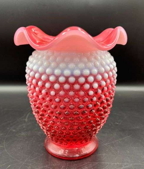Fenton Cranberry Red Hobnail Glass Vase with Ruffled Edge Large