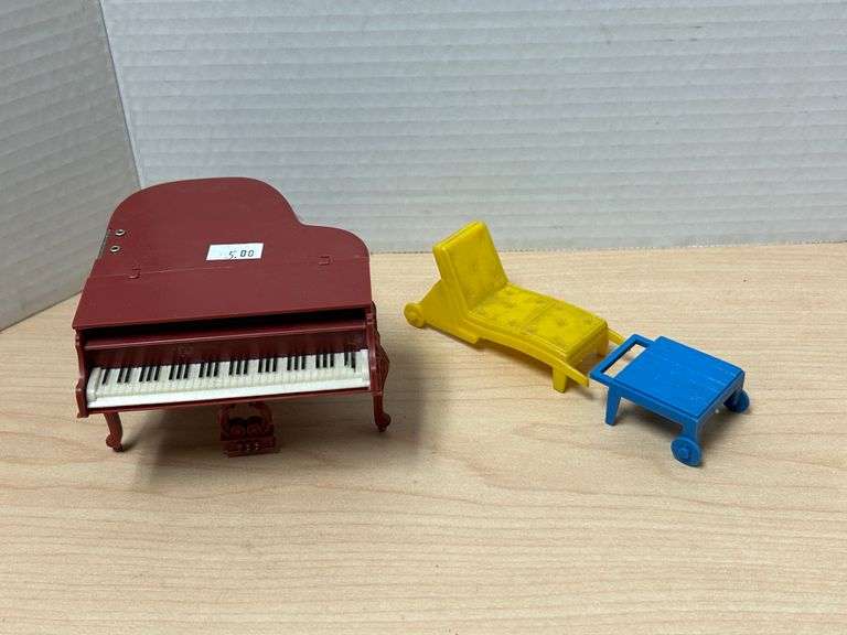 Vintage Marx Dollhouse Furniture – Piano, Chaise, and Cart