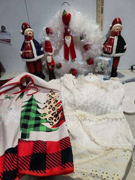 Assorted Christmas Snowmen, Tree Skirt, Plastic Wreath, Etc.