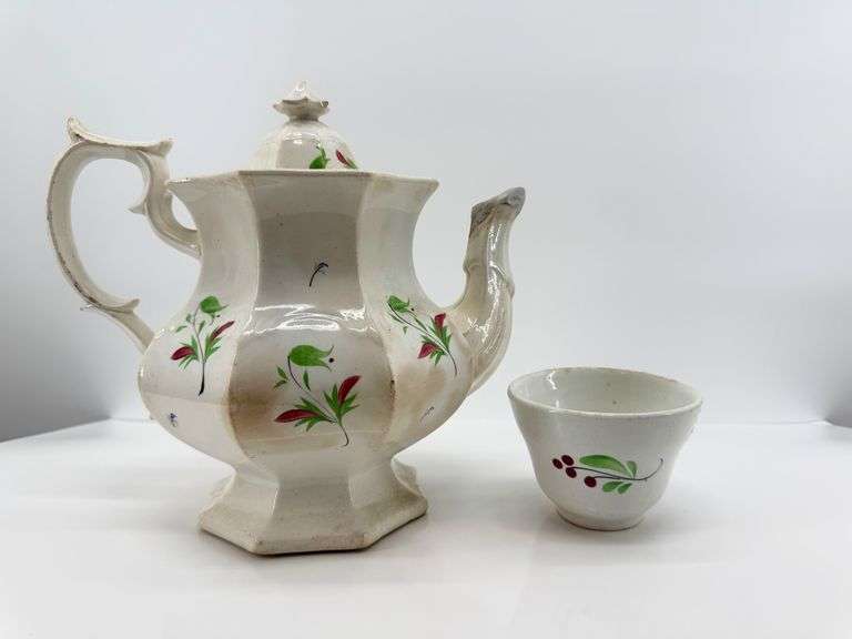 Antique Ironstone Hand-Painted Teapot and Cup