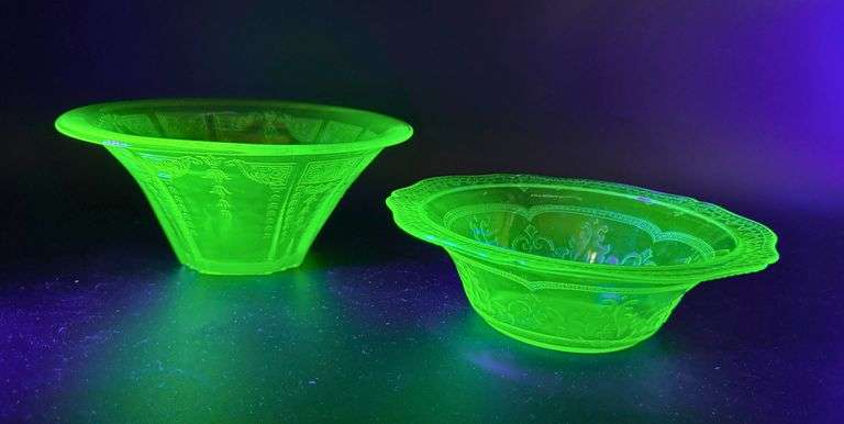 Two Uranium Glass Bowls with Etched Designs