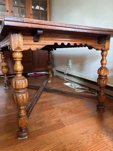 Antique Solid Oak Draw-Leaf Refectory Dining Table with Turned Legs and Scalloped Apron