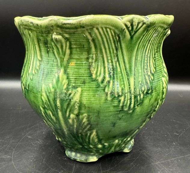 Majolica Green Glazed Pottery Planter with Relief Design and Scalloped Rim