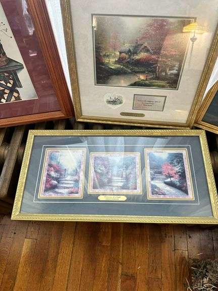 Pair of Framed Thomas Kinkade Cottage and Botanical Prints