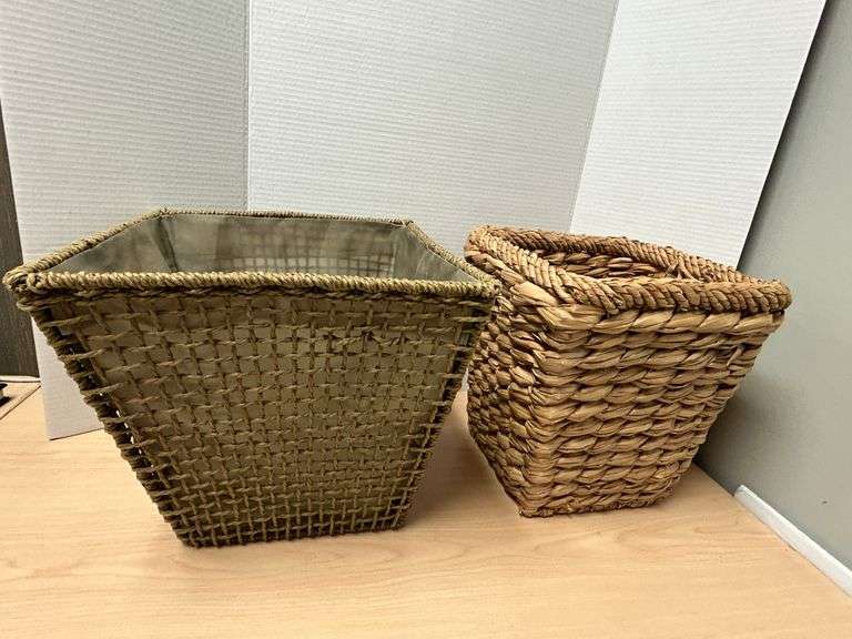 2 Tapered Woven Storage Baskets – Natural Fiber, One Lined