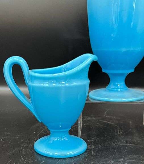 Cambridge Azurite Glass Lidded Compote, Creamer, and Sugar Bowl Set