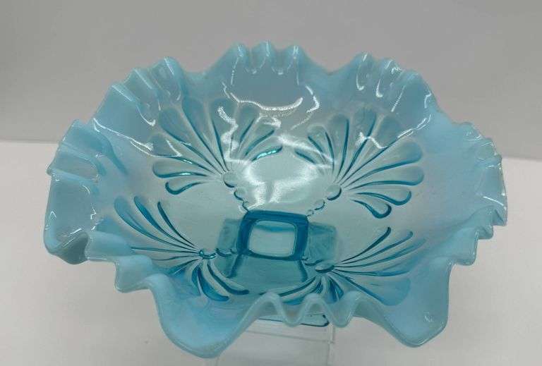 Fenton Blue Ruffled Glass Bowls With Floral Design