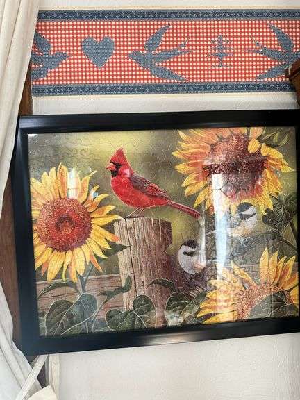 Framed Cardinal Puzzle – Sunflower Scene