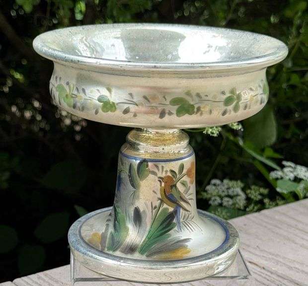 Antique Mercury Hand-Painted Glass Pedestal Bowl with Floral and Bird Motif