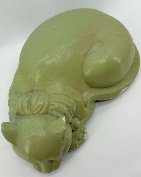 Vintage Large Green Chalkware Sleeping Cat Figurine
