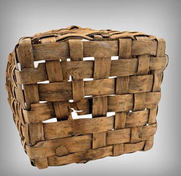 Antique Handwoven Wooden Woven Basket With Handle