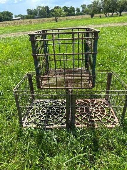 Stack of Vintage Metal Wire Milk Crates with Patina