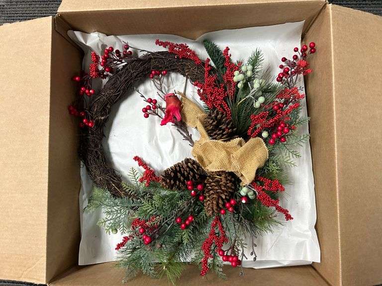 19"W Rustic Winter Wreath with Pinecones & Berries