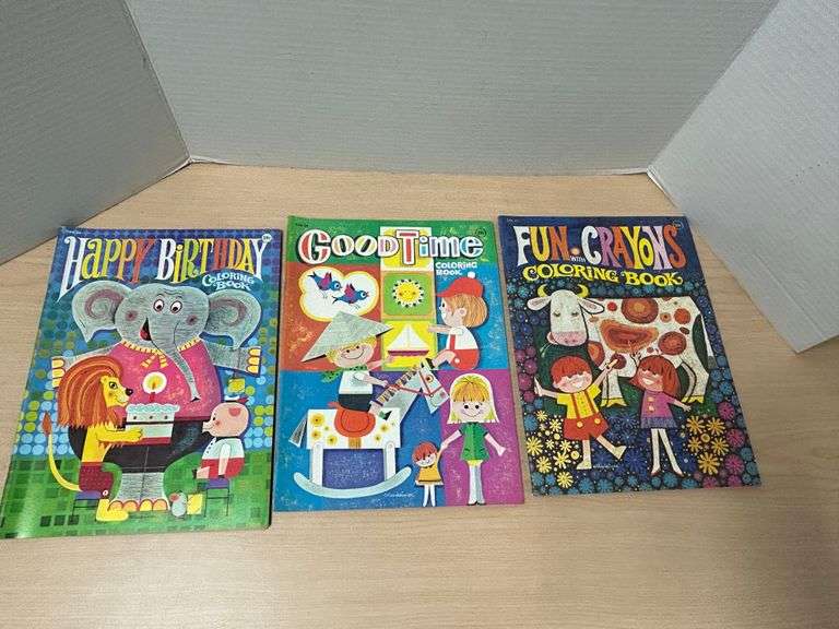 Vintage Coloring Books – Lot of 3: Happy Birthday, Good Time, Fun with Crayons