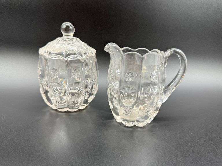 Vintage EAPG Dalzell Atomic Sun and Stars Sugar Bowl and Cream Pitcher Set