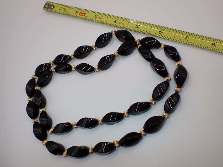 Napier Black Beaded Necklace, long necklace, 30 inches, gold beads, faceted beads, original, retro n