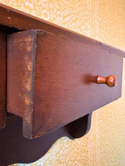 Antique Wooden Wall Shelf with Single Drawer and Scalloped Detail