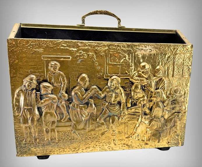 Brass Magazine Holder With Embossed Tavern Scene and Handle