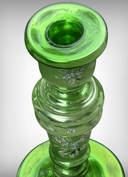 Antique Mercury Green Glass Candlestick with Hand-Painted Floral Design