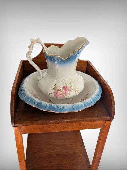 Antique Maple Washstand With Ceramic Basin And Pitcher