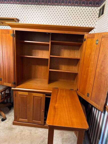 Wooden Corner Desk and Storage Cabinet with Fold-Out Work Surface
