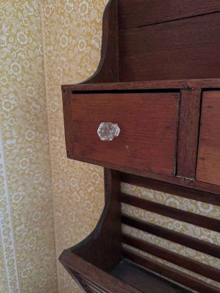 Antique Wooden Wall-Mounted Shelf With Drawers and Glass Knobs