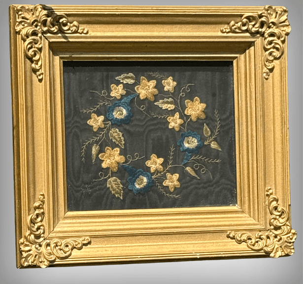 Antique Beautiful Framed Floral Embroidery on Plum Fabric in Gilt Frame