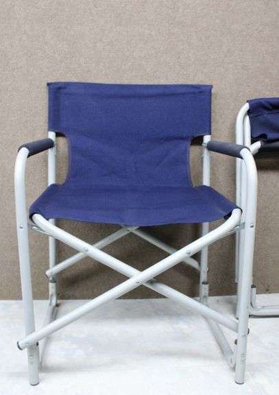 Two Blue Canvas and Metal Folding Chairs