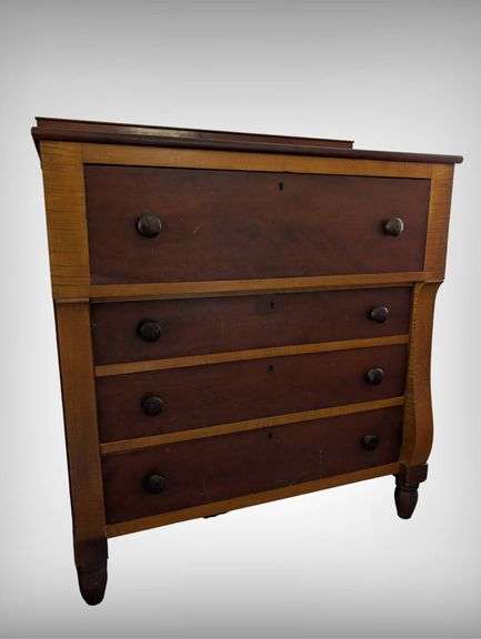 Antique 1850’s Tiger Maple and Cherry Four-Drawer Wooden Dresser with Dovetail Construction