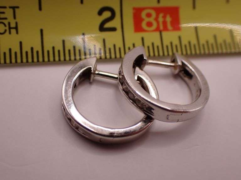 14k White Gold Channel Set Round Brilliant Cut Diamond Huggie Earrings 2.97g