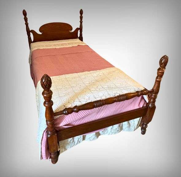 Antique Mahogany Carved Wooden Twin Bed Frame With Pineapple Finials