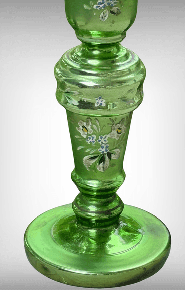 Antique Mercury Green Glass Candlestick with Hand-Painted Floral Design