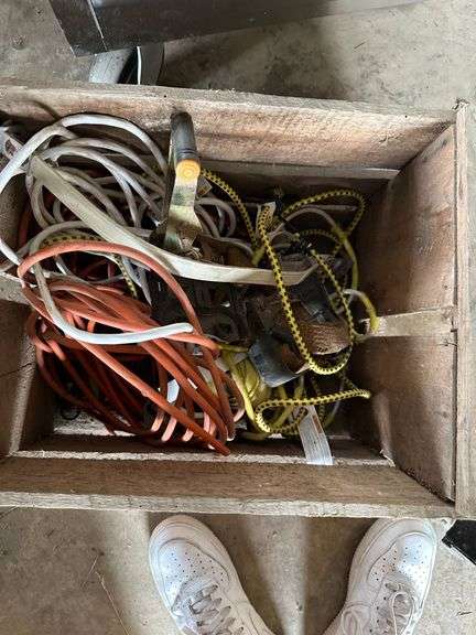 Extension Cords, Straps, and Miscellaneous Tools in Wooden Crate