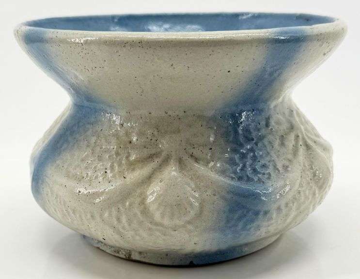 Blue and White Salt Glazed Stoneware Spittoon With Embossed Pattern