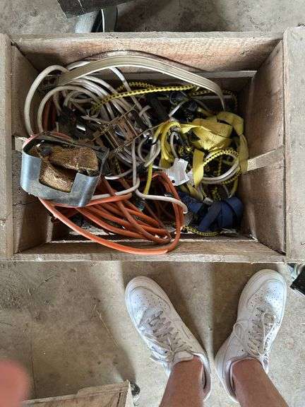 Extension Cords, Straps, and Miscellaneous Tools in Wooden Crate