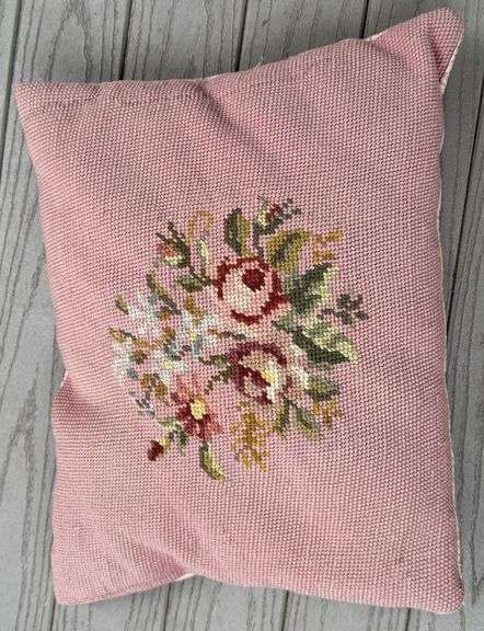 Three Vintage Floral Needlepoint Accent Pillows