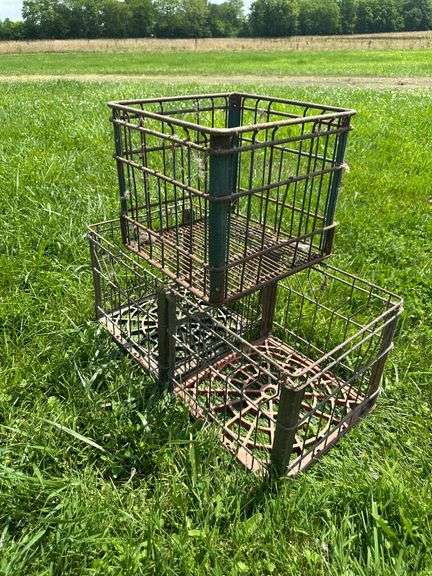 Stack of Vintage Metal Wire Milk Crates with Patina