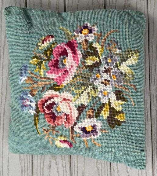 Three Vintage Floral Needlepoint Accent Pillows