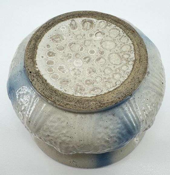 Blue and White Salt Glazed Stoneware Spittoon With Embossed Pattern