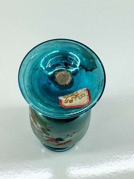 Hand-Painted Blue Iridescent Glass Vase with Floral Design