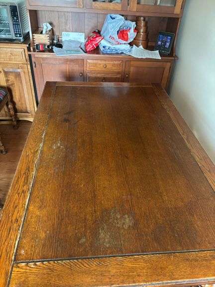 Antique Solid Oak Draw-Leaf Refectory Dining Table with Turned Legs and Scalloped Apron