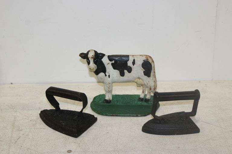 Cow Doorstop & Antique Irons