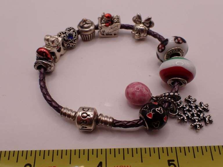 Pandora Leather & Sterling Silver Bracelet with 10 Sterling Silver Charms - Disney, Christmas, Muran