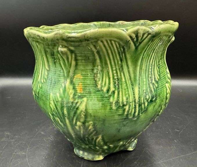 Majolica Green Glazed Pottery Planter with Relief Design and Scalloped Rim