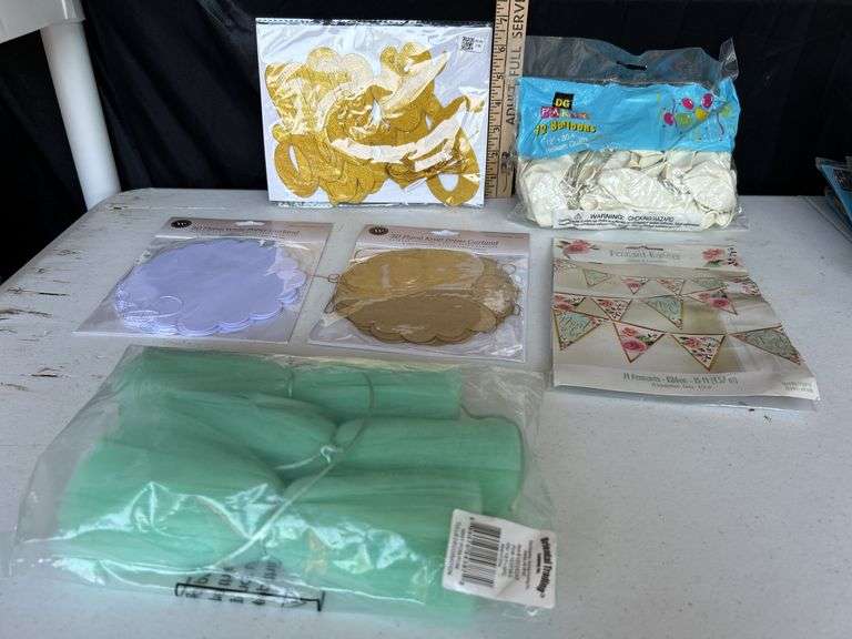 Assorted Paper Hanging Garland, Balloons, Etc.