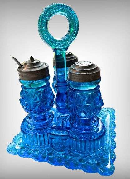 Early EAPG Daisy and Button Glass Condiment Caddy with Three Shakers and Tray