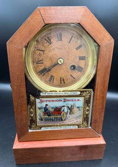 Vintage  Mantel Clock with Superior Drills Advertisement