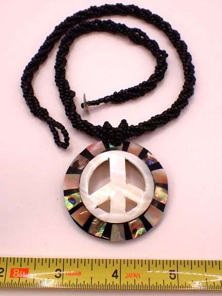 Hand Crafted Polished Abalone Peace Pendant with 16" Shiva Eye Bead Necklace