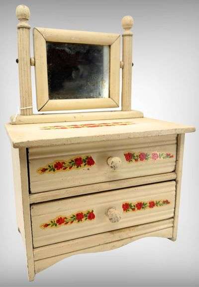 Vintage Wooden Miniature Child’s Doll Dresser with Mirror and Floral Detailing